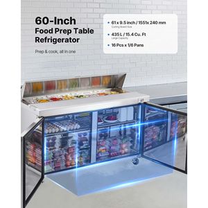 60\" Commercial Kitchen Refrigerator 15.4 Cu. Ft Sandwich Prep Refrigerated <b>Table</b> Mega Top Food Prep <b>Fridge</b> for 16 Pans Cutting - Product Image 2