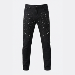 Jean en denim noir slim à taille haute pour homme avec motif à pois pailletés, style décontracté d'automne, coupe droite, en coton - Product Image 1