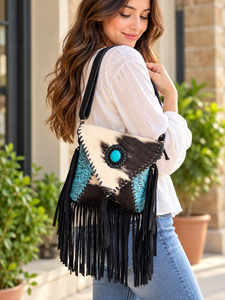 Bolso de mano de cuero con flecos y diseño de piel de vaca para mujer, nuevo, elegante, de piel repujada, bandolera, regalos - Product Image 3