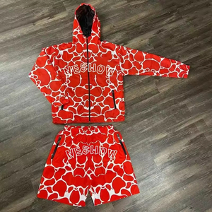 Unisex Blue White Pattern Tracksuit Set Hooded <b>Jacket</b> Shorts Quick Dry Streetwear <b>Summer</b> Wear Full Sleeve Zipper Front Logo - Product Image 2