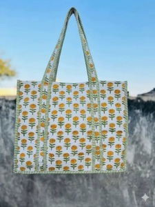 Bohemian Style Handcrafted Cotton <b>Quilted</b> <b>Tote</b> <b>Bag</b> with Flower Print Zipper Closure Shoulder <b>Bag</b> for Daily Use - Product Image 1