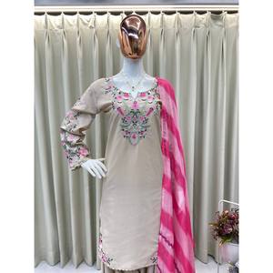 Hermosa parte superior e inferior de fiesta beige con Conjunto elegante de tamaño Dupatta XL de Bhanderi-BE - Product Image 1