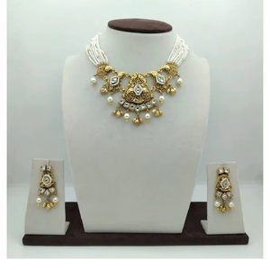 925 <b>Silver</b> Pearl Choker <b>Necklace</b> <b>Set</b> with Kundan Work and Matching Earrings Antique Finish Bridal Ethnic Jewelry - Product Image 1