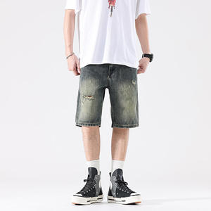 Shorts en jean vintage déchirés et brodés, style streetwear baggy, avec strass, pour hommes – Fabrication sur mesure - Product Image 2