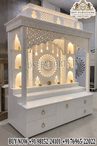 Ornate White & Gold HandCarved Wood Pooja <b>Mandir</b> for Home Customizable Traditional Marble Look Temple with Storage Factory Price - Product Image 2