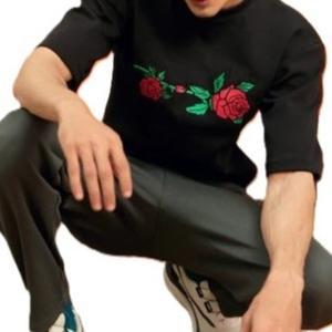 Men’s Black <b>Rose</b> Embroidered T-Shirt Stylish Floral Cotton Tee Casual Short Sleeve Crew Neck <b>Top</b> for Streetwear Fashion - Product Image 2