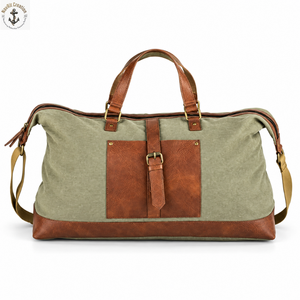 Sage Olive <b>Canvas</b> Leather Duffel Bags with Brown Buckle Panel | Vintage Travel Weekender <b>Holdall</b> with Handles and Shoulder Strap - Product Image 1