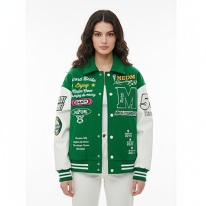 Blouson universitaire vert pour homme avec patchs brodés, style décontracté, col rabattu, simple boutonnage, streetwear - Product Image 5