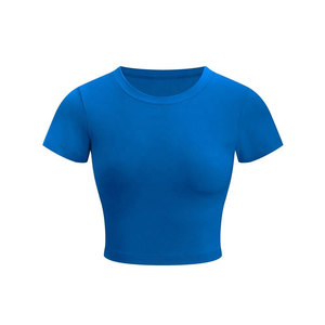 Women's Light Blue Crew Neck <b>Crop</b> <b>Top</b> Short Sleeve Solid Color Breathable Spandex Cotton Yoga Fitness Shirt - Product Image 2