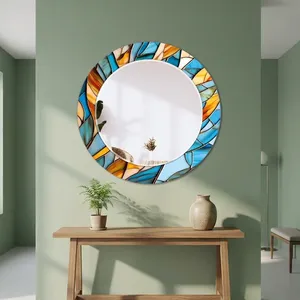 Espejo Redondo de Lujo con Mosaico Azul Turquesa y Marco Artístico de Vidrio Amarillo Ámbar, Espejo Decorativo Moderno para Baño - Product Image 1