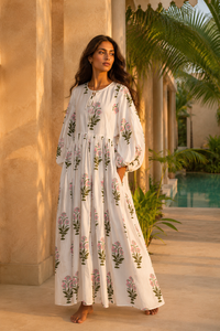 Robe longue bohème en coton à imprimé floral, col en V, écologique, respirante, à manches longues bouffantes pour femme, idéale pour les soirées estivales - Product Image 5