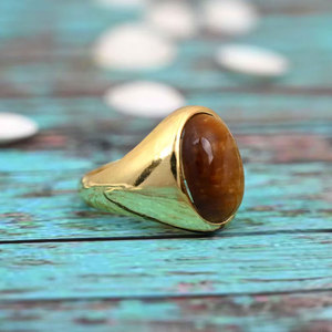 Anillo de Ojo de Tigre Hecho a Mano, Chapado en Oro, con Cabujón Ovalado de Latón, Anillo Decorativo, Joyería Boho Hecha a Mano para Mujer - Product Image 2
