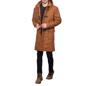 <b>Men's</b> <b>Long</b> Hooded Woolen Duffle Breathable Winter Warm Coat Genuine Leather Shell Thick Turn Down Collar Toggle Zipper Closure - Product Image 3