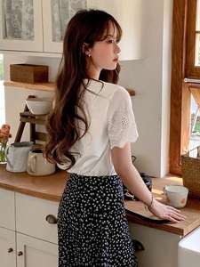 Customized Trim Eyelet Lace Sleeve Crewneck Tee Custom Logo Chic <b>Tops</b> Elegant Clothing Apparel Preppy Women's Shirts Summer - Product Image 2