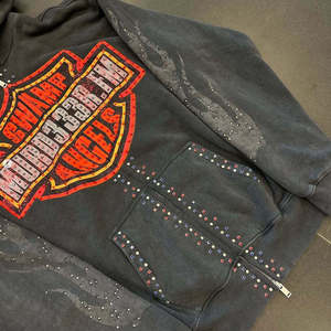Sudadera con cremallera de diamantes de imitación para hombre y mujer 2026, gris carbón, estilo vintage lavado, con brillo y tachuelas, estilo urbano. - Product Image 3