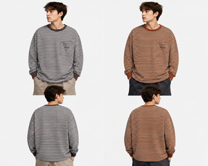 Sweat-shirt à col rond rayé à manches longues avec poche pour homme, tricoté surdimensionné, décontracté, automne, 95% coton, respirant, écologique - Product Image 1
