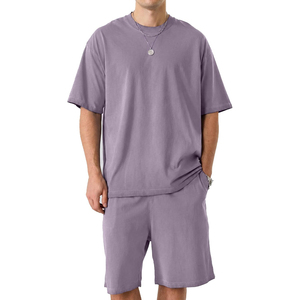 Conjunto de camiseta y pantalones cortos de algodón azul sólido para hombre, conjunto informal de verano con camiseta de manga corta tejida y pantalones cortos a juego - Product Image 2