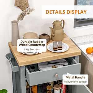 Carrello da Cucina Portatile Grigio con Design Moderno, Piano in Legno di Quercia, Cassetto, Portabottiglie e Mobiletto in Legno di Gomma - Product Image 6