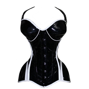 <b>Women</b> Black <b>Latex</b> Corset With White Trim Firm Control Shaper Hook And Eye Closure - Product Image 1