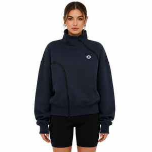 Fashion <b>Navy</b> Asymmetrical Zip Women Hooded Oversized Stand Cotton Fleece Winter Casual Streetwear Private Label Hoodies OEM - Product Image 1