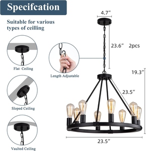 Wholesale Industrial Wagon Wheel Chandelier Bulk Matte <b>Black</b> Round Pendant <b>Light</b> Factory Price Retro Edison <b>Bulb</b> Hanging Lamp - Product Image 5