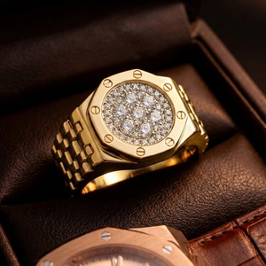Premium 18k Yellow Gold Octagon <b>Watch</b> Link Pave Screw Motif Natural Diamond Cluster Mens <b>Ring</b> Hip Hop Jewelry Christmas Gift - Product Image 1