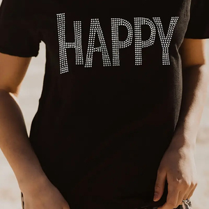 เสื้อยืดแขนสั้นสีดำสำหรับผู้หญิง พิมพ์ลายตัวอักษร Happy ประดับด้วยเพชรเทียม ทรงหลวมสบาย คอกลม ผ้าเจอร์ซีย์คอตตอน - Product Image 4