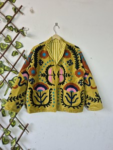 Luxury Yellow <b>Velvet</b> Suzani Embroidered <b>Jacket</b> with Floral Print Full Sleeve Stand Collar Bohemian <b>Women's</b> Winter Outerwear - Product Image 1