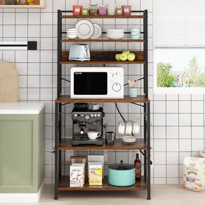 6-Layer Retro Brown Plate B Microwave Oven Rack with 10 S Hooks Strips 80*40*170cm Particle Board Melamine Paste Kitchen Storage - Product Image 1