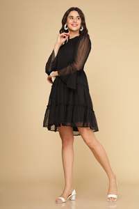 Minivestido de Gasa Negra con Manga con Volantes y Dobladillo en Capas, Silueta en A, Ideal para Fiestas de Verano, Hermoso Vestido Elegante - Product Image 1