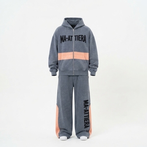 Conjunto de Sudadera con Capucha y Cremallera Gris Naranja para Hombre y Pantalones de Pierna Ancha con Paneles en Contraste y Detalles de Tachuelas, Chándal Estilo Urbano, Personalizado OEM ODM - Product Image 3