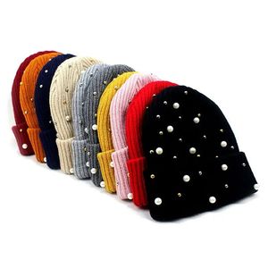 Elegante Gorro de Punto Hecho a Mano con Decoración de Perlas y Diamantes de Imitación, Color Sólido, Cálido para Invierno, Esquí, Aire Libre, Adultos, Unisex, Estilo Urbano - Product Image 1