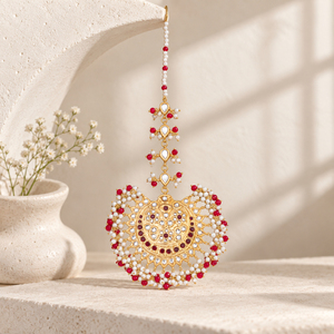 Gold Plated Red Beaded Kundan Style Maang Tikka with Faux Pearls <b>Pakistani</b> Bridal Hair <b>Jewelry</b> Wholesale Manufacturer - Product Image 5