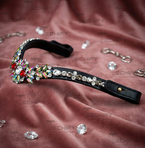 Fronture de cheval en cuir noir avec fleurs en cristal multicolores et strass en forme de V, accessoire de bridon - Product Image 5