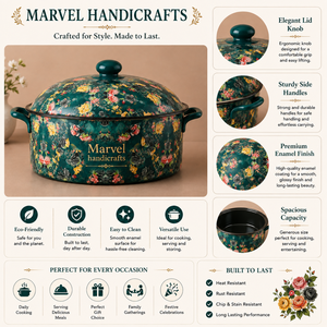 Casserole de service en émail vert floral Marvel Handicrafts avec couvercle et poignées latérales, ustensile de cuisine décoratif haut de gamme pour la cuisine et la salle à manger - Product Image 5