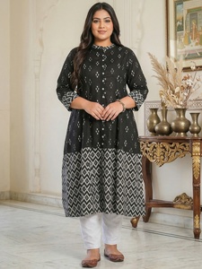 Women's <b>Plus</b> <b>Size</b> Cotton A LINE Kurta Black Ikat Printed Mandarin Collar Three Quarter Sleeves Comfortable Daily Wear - Product Image 1