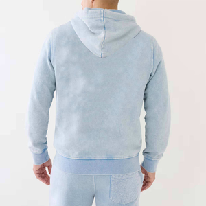 เสื้อฮู้ดดี้สตรีทแวร์ผ้าเดนิมหนา 500gsm สำหรับผู้ชาย ล้างสีแบบแอซิดวอช ทรงครอป โอเวอร์ไซส์ แต่งดีเทลขาดๆ เสื้อแจ็คเก็ตฮู้ดดี้ผ้ายีนส์ 100% ผ้าฝ้าย ระบายอากาศได้ดี - Product Image 2