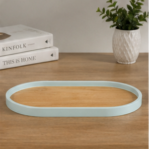 Minimalist Wooden <b>Storage</b> Tray Oval Shape Light Blue Rim Natural Wood Top Indoor <b>Tabletop</b> Kitchen Decor Multi Functional - Product Image 3