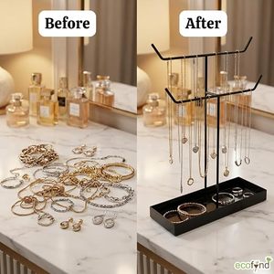 Modern <b>Rectangular</b> Jewelry Display Stand with Adjustable Hooks and Tray for Necklaces Bracelets <b>Watches</b> Rings - Product Image 2