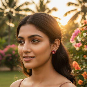 Boucles d'oreilles clous en argent sterling 925 avec fleur de rubis, bijoux en pierres précieuses rouges pour femmes et jeunes filles, à porter lors de mariages et de fêtes - Product Image 5