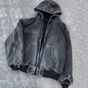 Sweat à capuche zippé personnalisé de haute qualité pour homme, effet vieilli et délavé à l'acide, style vintage, épaules tombantes, coupe courte, en polaire coupe-vent, pull en coton pour l'hiver - Product Image 6