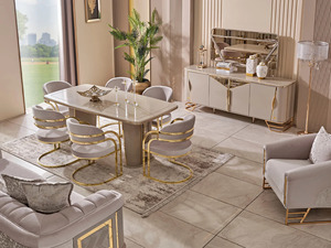 Ensemble de salle à manger moderne de luxe en fer, table rectangulaire en acier inoxydable doré avec 6 chaises, mobilier contemporain pour villa et cuisine - Product Image 6