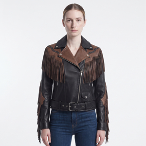 <b>Women's</b> Premium <b>Leather</b> Fringe <b>Jacket</b> with Zipper Closure Turn-Down Collar Breathable & Customizable - Product Image 1