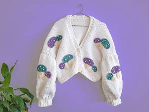 <b>Women's</b> <b>White</b> Hand Knitted <b>Cardigan</b> With Mushroom Appliques Puff Sleeve V Neck Crop Length Casual Sweater - Product Image 1