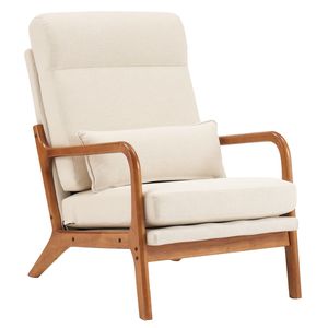 Poltrona Relax da Interno in Legno Massello con Schienale Alto, Struttura in Ferro e Meccanismo Reclinabile Manuale in Lino, Colore Bianco Sporco, per Soggiorno - Product Image 1