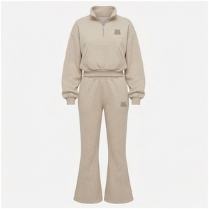 Women <b>2</b>-Piece Tracksuit Set Half-<b>Zip</b> Hooded <b>Sweatshirt</b> & Flared Pants Solid Color Cotton Casual Loose Fit Autumn Wear - Product Image 5