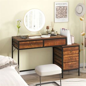 Dual Desktop Home Office <b>Desk</b> with 5 Storage Drawers Powder Coated Metal Frame and Engineered Wood for <b>Computer</b> Use - Product Image 2