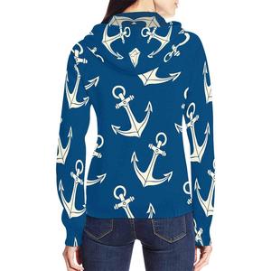 Women Navy Blue Anchor Print Hooded <b>Zip</b>-<b>Up</b> Jacket Regular Fit Full Sleeve Windproof Knitted 100% Cotton Lined Casual Summer - Product Image 3