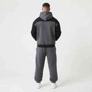 Survêtement à capuche pour homme, gris et noir, avec blocs de couleur, décontracté, pantalon long à cordon de serrage avec poches, coupe ample, pour l'automne - Product Image 6