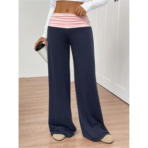 Pantalon large taille haute pour femme, coupe ample, longueur intégrale, couleur unie, en maille, décontracté, respirant, mélange coton et élasthanne - Product Image 5